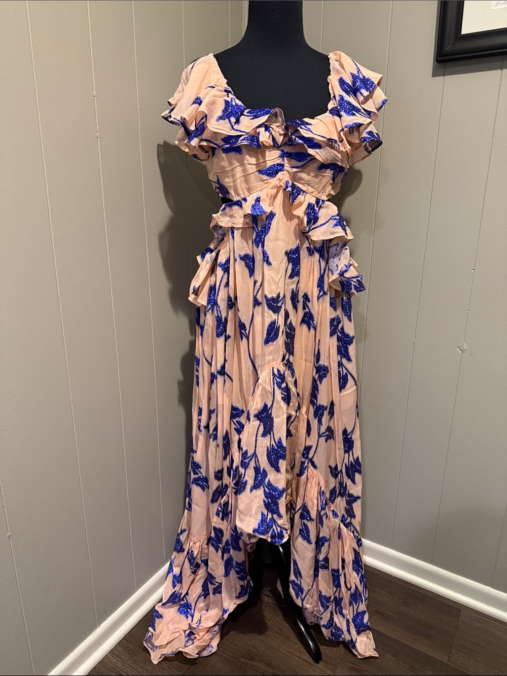 E Not So Serious Anthropologie Peach Dress Floral Print and Ruffle High-Low Hem